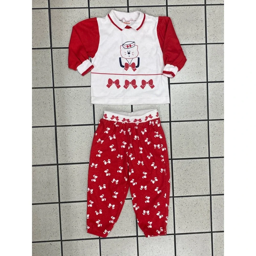 Health-tex Vintage Pajama Set‎ Sailor Bear Bows Red White 3T
